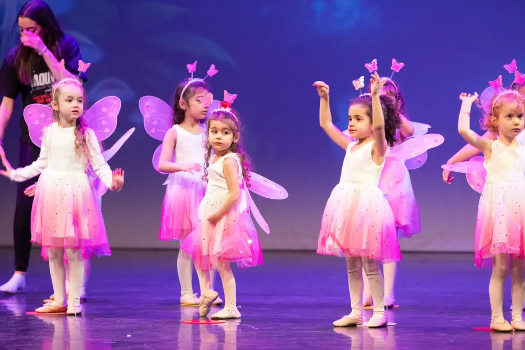 Preschool ballet dancers in fairy costumes performing in London dance school showcase